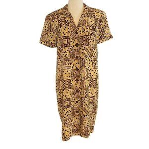 Silk Dress Tribal Vintage Maggie London Brown Tan SILK BUTTON FRONT